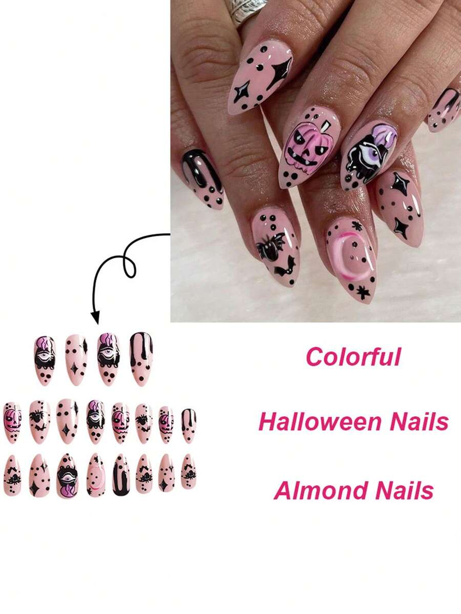 24pcs New Halloween False Nails with Clown Witch Pattern