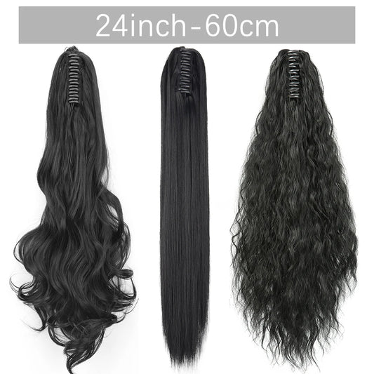 Synthetic Long Straight Claw Clip On Ponytail Hair Extensions 24Inch Heat Resistant