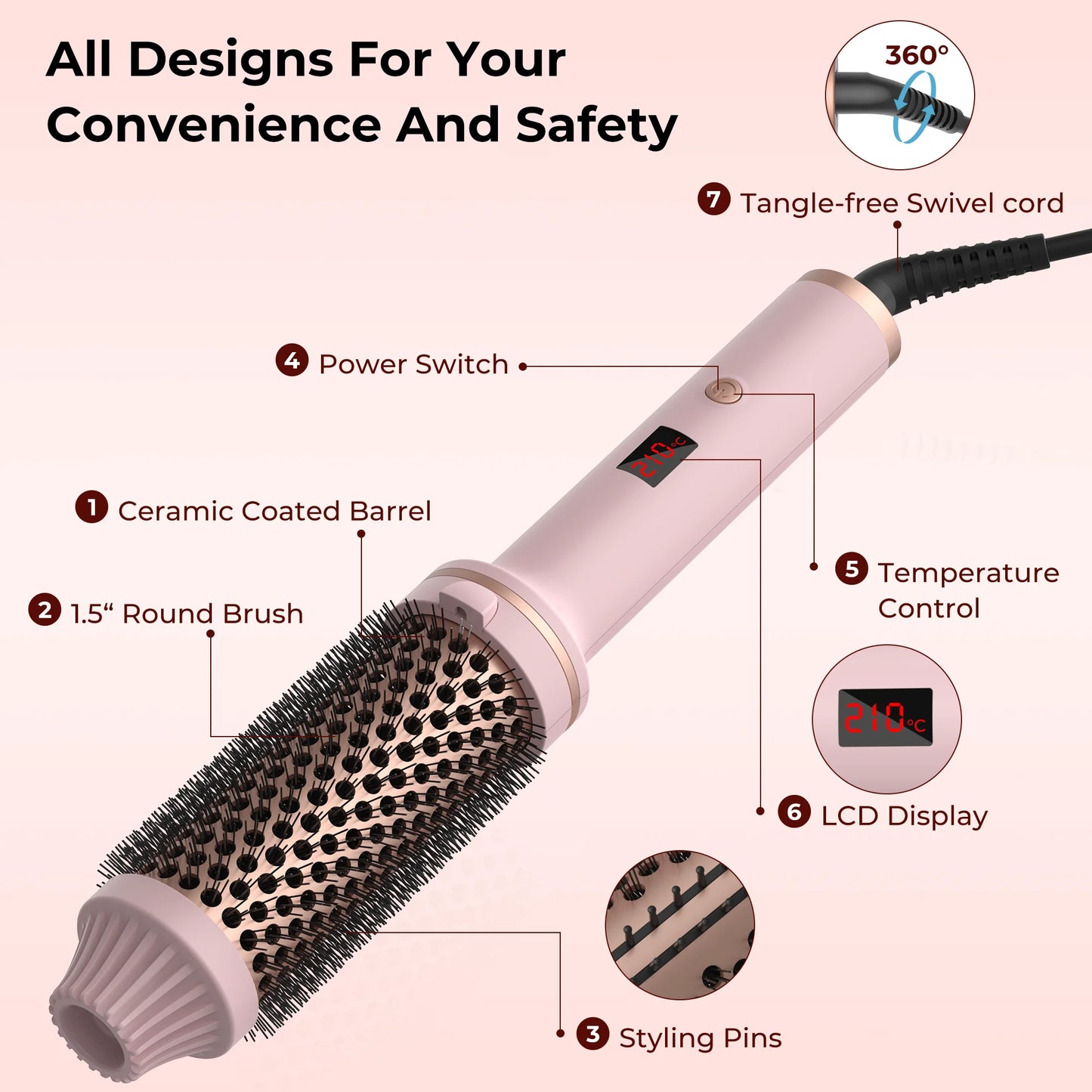 Hair Curling Iron Brush Ceramic Thermal Brush Heated Round Brush