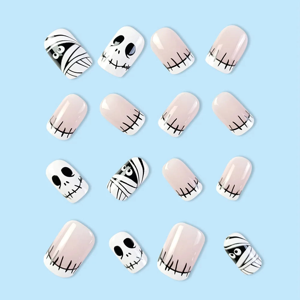 24Pcs Halloween Little Ghost Press on Fake Nails Creative French Design