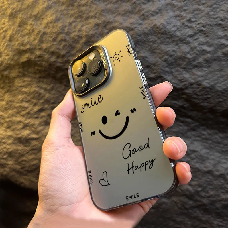 Smiling Face Electroplate Silver IMD Case For iPhone 16 15 14 13 Pro Max Shockproof Back Cover