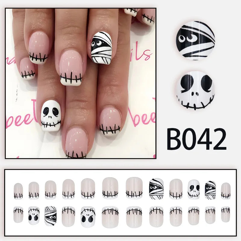 24Pcs Halloween Little Ghost Press on Fake Nails Creative French Design