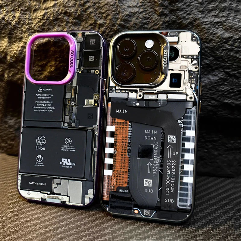 Creative Circuit Board Pattern Electroplate Silver IMD Case For iPhone 14 15 16 Pro Max