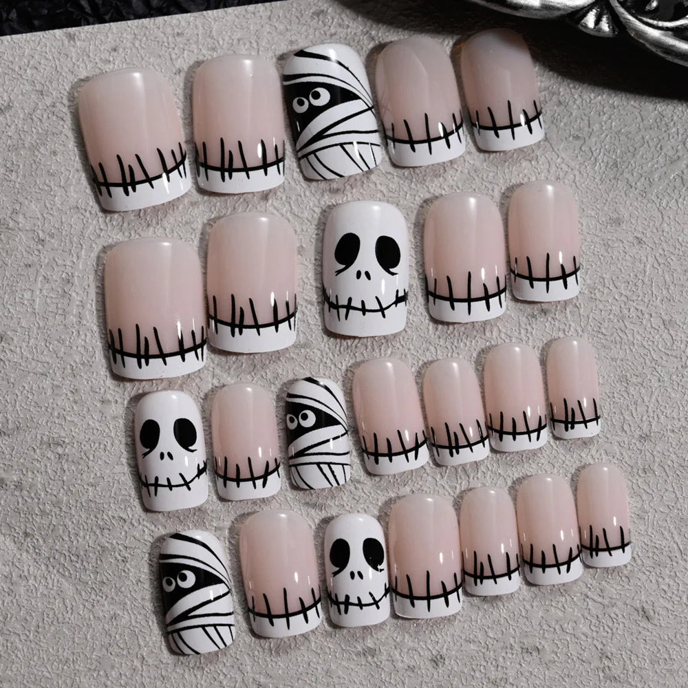 24Pcs Halloween Little Ghost Press on Fake Nails Creative French Design