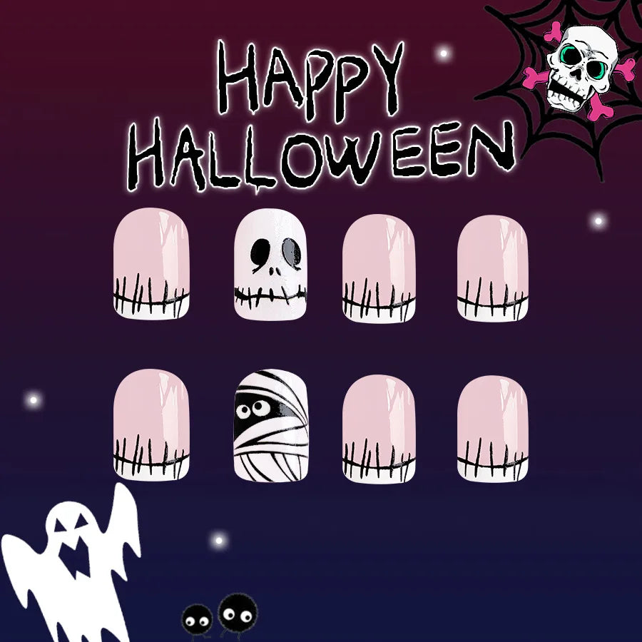 24Pcs Halloween Little Ghost Press on Fake Nails Creative French Design