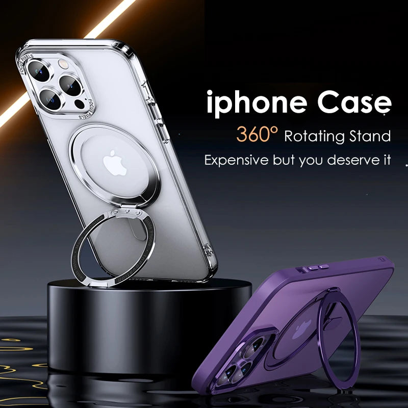 Luxury Magnetic Stand Phone Case For iphone 16 15 14 13 Pro Max 16Plus 360° Rotation Ring Holder Transparent Matte Cover