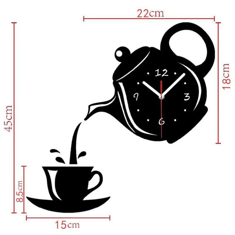 3D DIY Teapot Shape Wall Clock Acrylic Mirror Clock