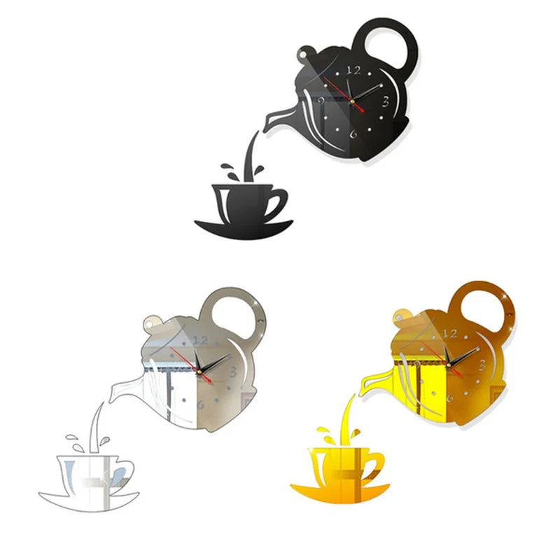 3D DIY Teapot Shape Wall Clock Acrylic Mirror Clock