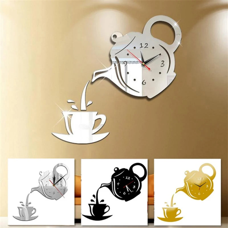 3D DIY Teapot Shape Wall Clock Acrylic Mirror Clock