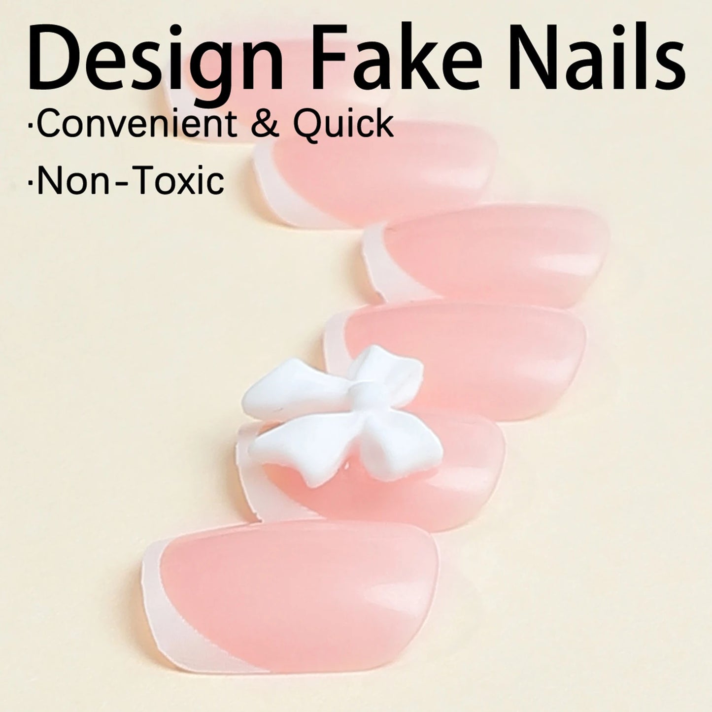 White French Press on Nails 3D Bowknot Fake Nails Tips Full Cover 24Pcs