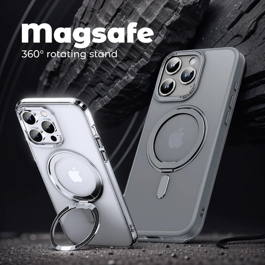 Luxury Magnetic Stand Phone Case For iphone 16 15 14 13 Pro Max 16Plus 360° Rotation Ring Holder Transparent Matte Cover