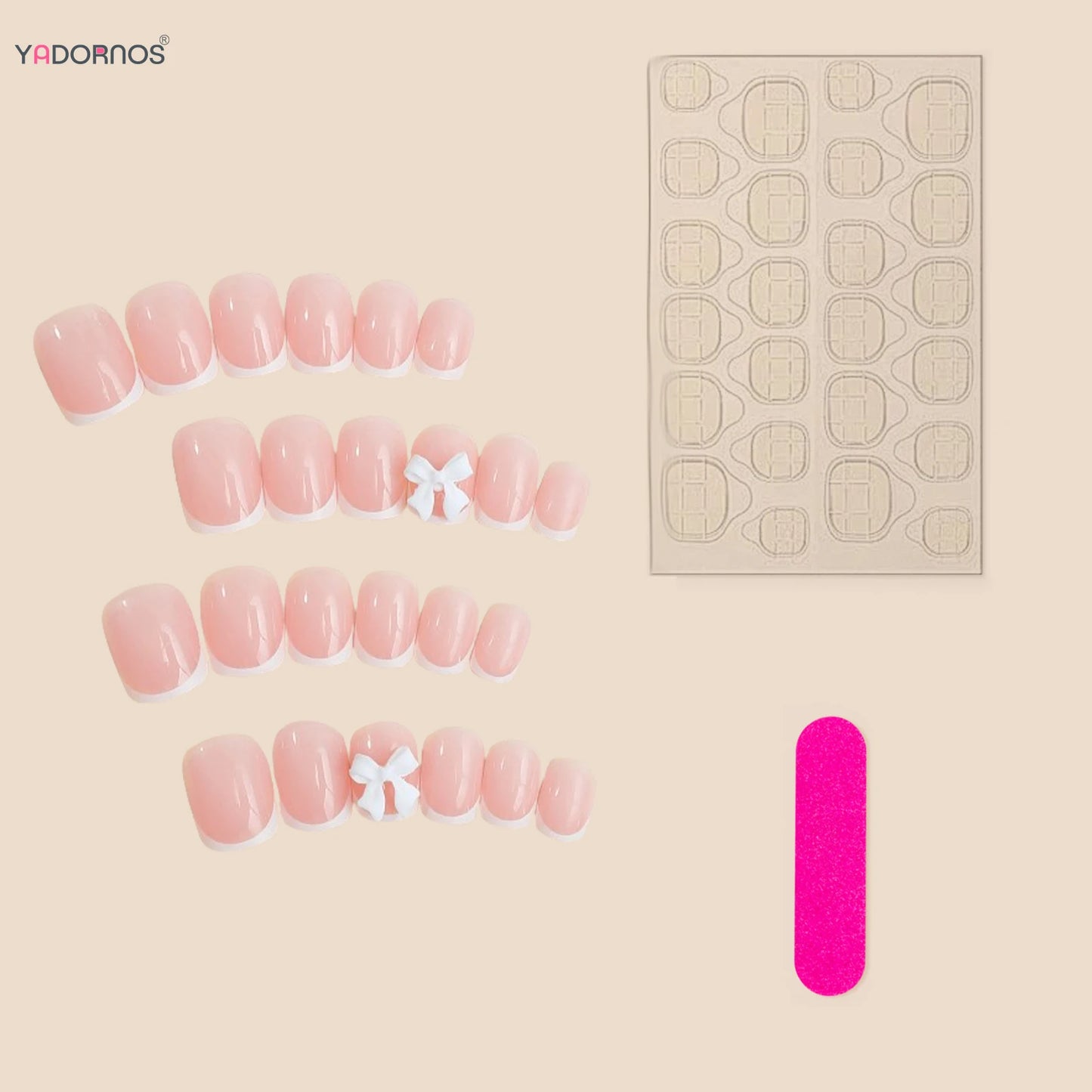 White French Press on Nails 3D Bowknot Fake Nails Tips Full Cover 24Pcs