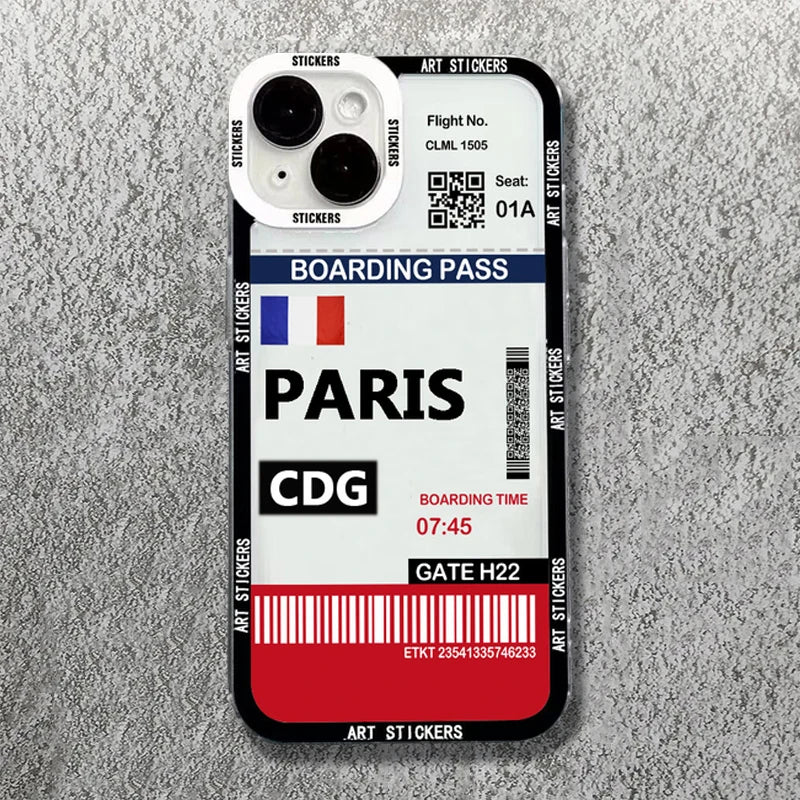 World City Travel Ticket Label Soft Phone Case For iPhone 16 15 14 13 Pro Max  Shockproof Clear Cover