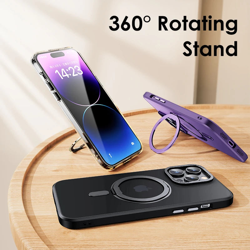 Luxury Magnetic Stand Phone Case For iphone 16 15 14 13 Pro Max 16Plus 360° Rotation Ring Holder Transparent Matte Cover