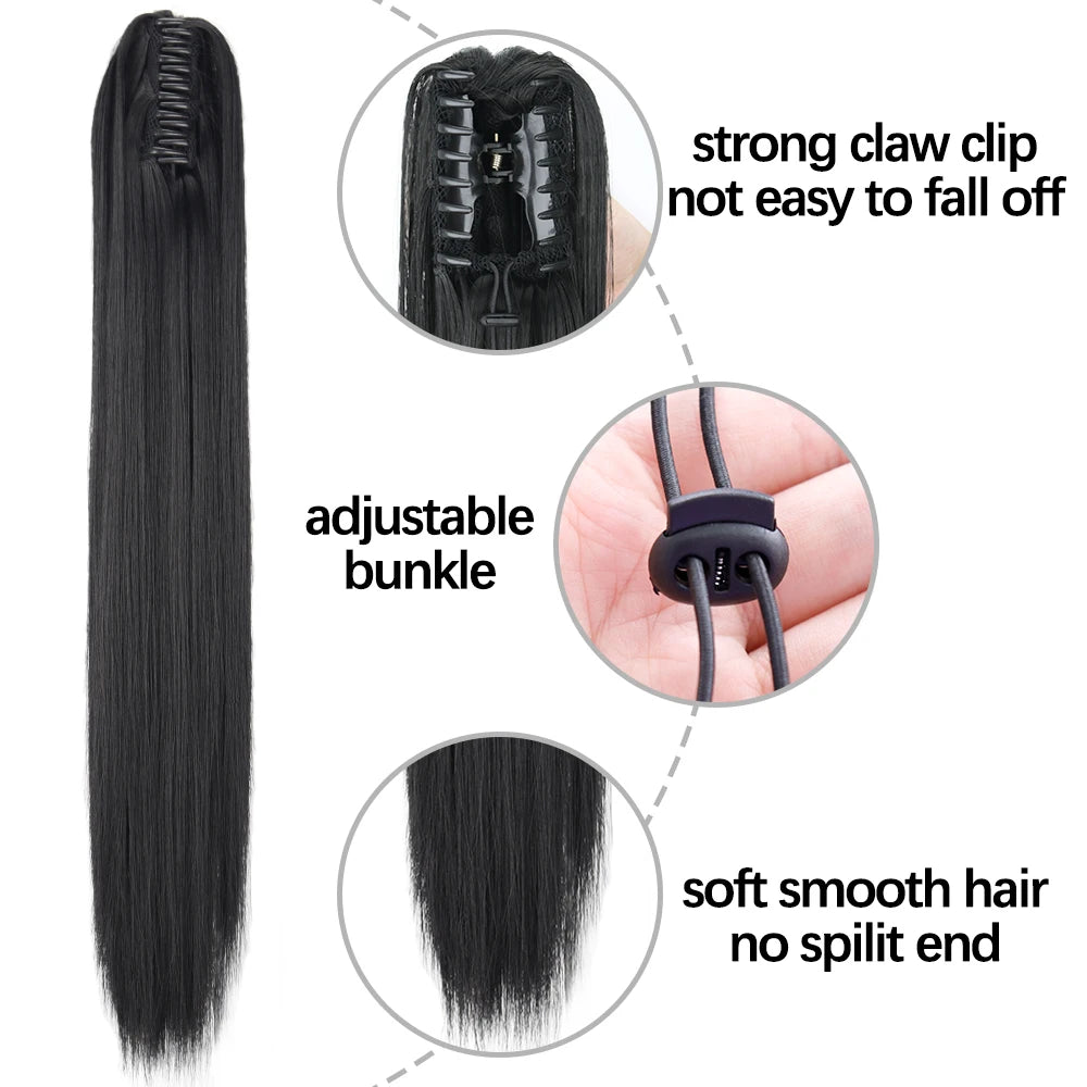 Synthetic Long Straight Claw Clip On Ponytail Hair Extensions 24Inch Heat Resistant