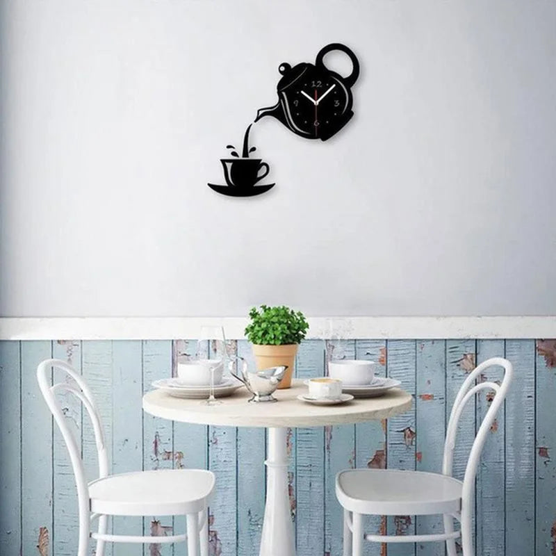 3D DIY Teapot Shape Wall Clock Acrylic Mirror Clock