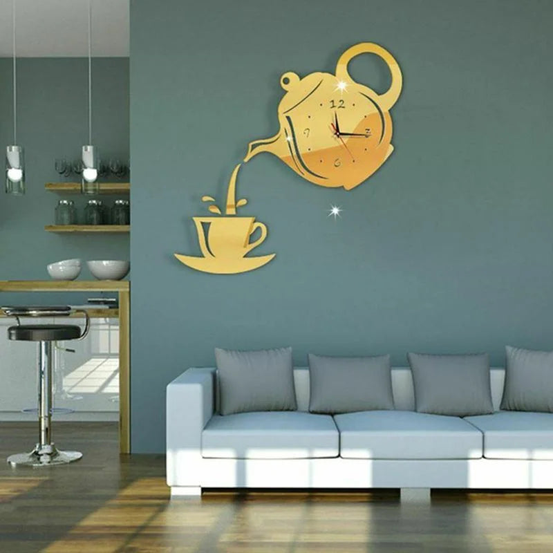 3D DIY Teapot Shape Wall Clock Acrylic Mirror Clock