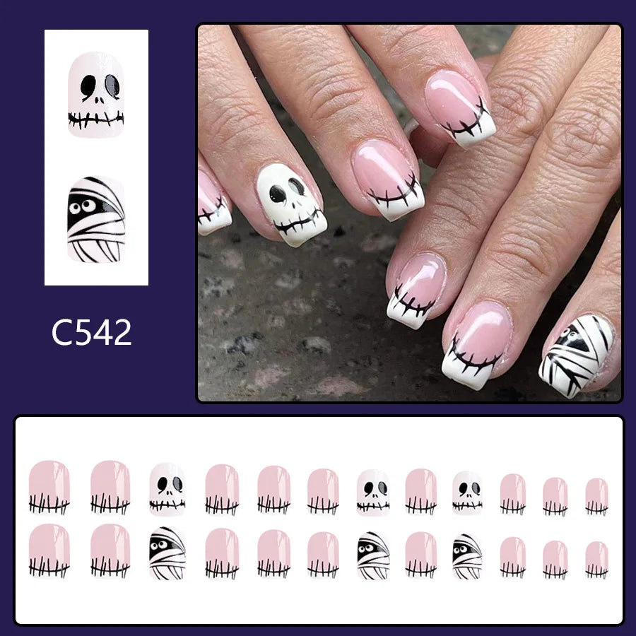 24Pcs Halloween Little Ghost Press on Fake Nails Creative French Design